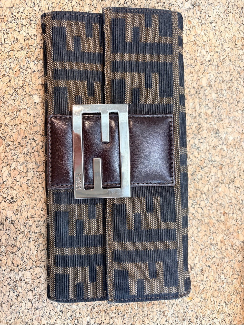 Fendi Zucca FF Canvas Long Wallet Brown Logo Buckle Continental Vintage